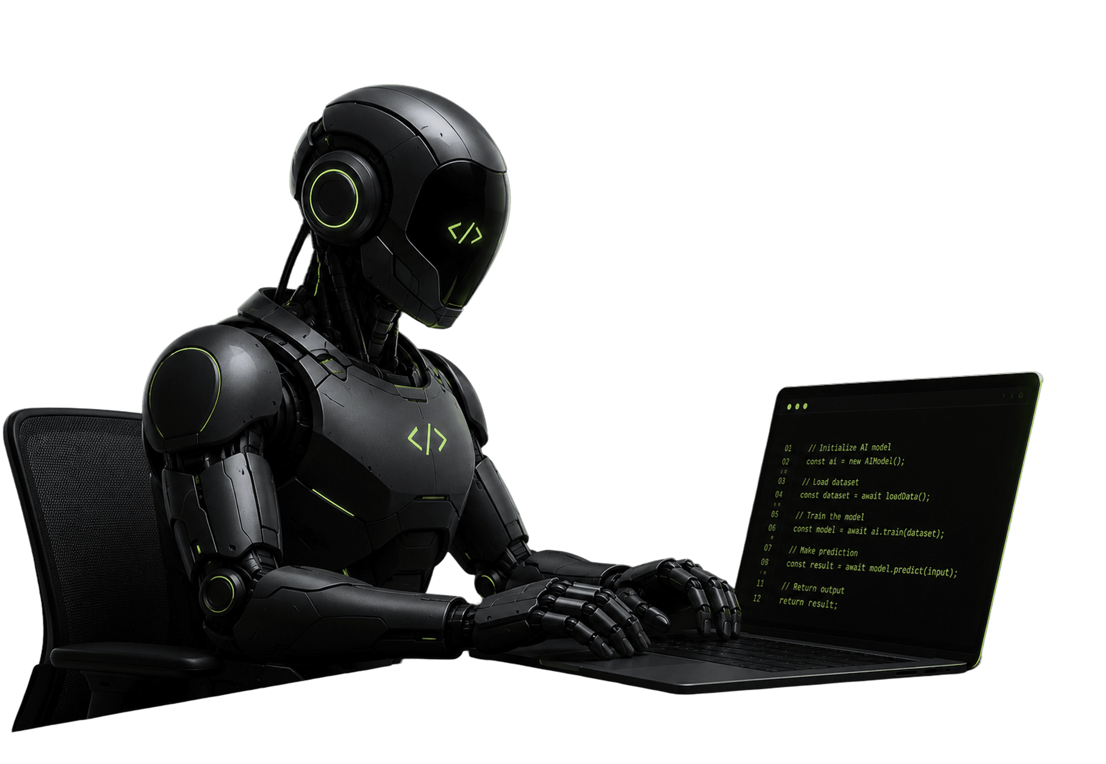 AI robot writing and training an AI model on a laptop